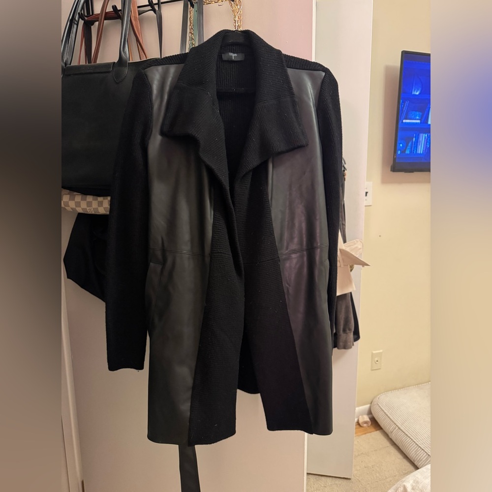 Tahari belted sweater leather trim
